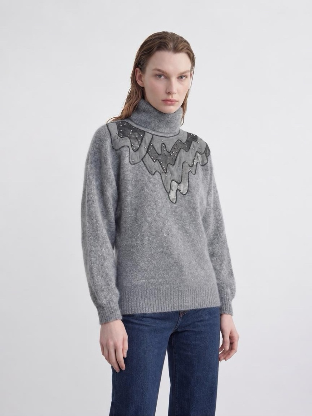 Vintage 80’s Oversized Sweater Gray Embellished Turtleneck – Size S